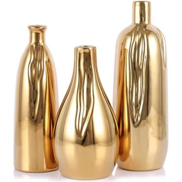 Imagem de Conjunto de 3 vasos de cerâmica dourados brilhantes, conjunto de vasos de cerâmica para decorativos, vasos de haste única dourados brilhantes para mesa de cabeceira, cozinha, decoração de casa de