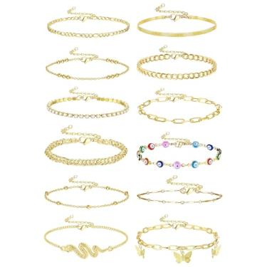 Imagem de 12 pulseiras de tornozelo douradas para mulheres, conjunto de pulseiras, borboleta, strass, elos de tênis, tornozeleira, corrente ajustável em camadas, tornozeleira de praia, bijuteria