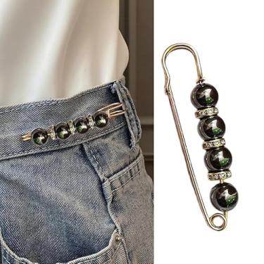 Imagem de 1 broche elegante com contas na cintura - metal dourado ajustável com imitação de pérola para jeans, calças, saias - acessório de moda feminina, acessório de ajuste de jeans, cinza escuro
