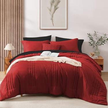 Imagem de Monbix Conjunto de edredom King Size – Conjunto de cama king size em uma bolsa, vermelho brilhante com edredom, todas as estações, conjunto de cama alternativo com lençóis, fronhas e fronhas