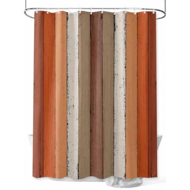 Imagem de Cortina de chuveiro listrada Orange Farmhouse, textura de madeira vintage, mosqueada, impermeável, lavável, conjunto de cortinas de banheiro para decoração de banheiro, 91 x 182 cm de comprimento,