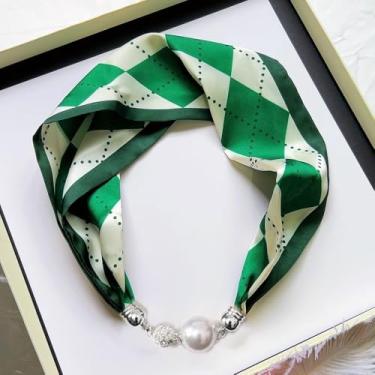 Imagem de Cachecol feminino de seda, colar, fivela magnética, lenço de pescoço pequeno, corrente de clavícula, pingente, Grade verde