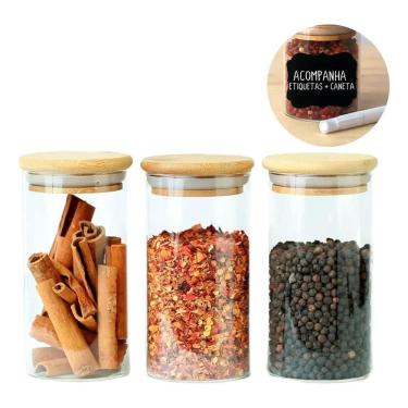 Imagem de 2X Kit Com 3 Potes Herméticos De Vidro Com Tampa Bambu 300Ml
