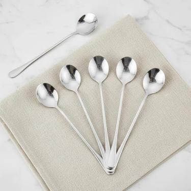 Imagem de Conjunto de 6 colheres de café de cabo longo com 6 colheres de café especiais de aço inoxidável de 18 cm para uso em mesa de jantar com leite, chá, sorvete, sobremesa (redonda)