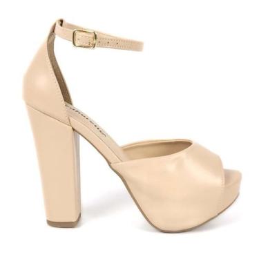 Imagem de Sandália Meia Pata Salto Grosso Tira Fina Tornozelo - Senhorella, Nude