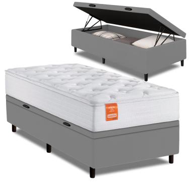 Imagem de Cama Box Baú Colchão Solteiro Molas Ensacadas Real 88x188x68cm Branco / Cinza Inducol - Suporta até