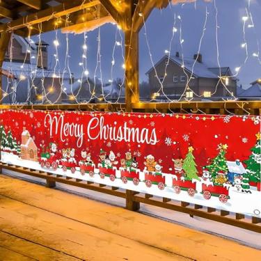 Imagem de Banner de Natal tamanho grande Papai Noel Feliz Natal ao ar livre casa jardim feriado banner decoração de parede, 200 * 45 cm (tipo C)