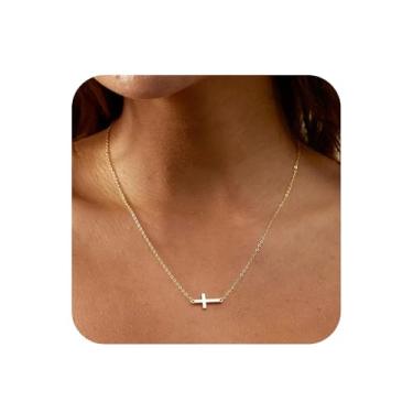 Imagem de Pacote com 2 colares femininos com pingente de cruz curta, corrente de liga metálica, conjunto de joias religiosas ajustáveis de 31 a 40 cm, Small, Metal, Zircônia cúbica