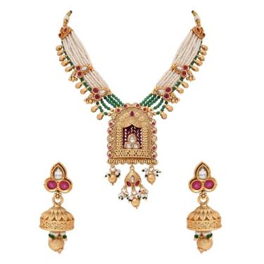 Imagem de I Jewels Colar de pérolas com motivo Lakshmi de latão antigo de Bollywood indiano banhado a ouro com brinco conjunto de joias para mulheres (MC219G)