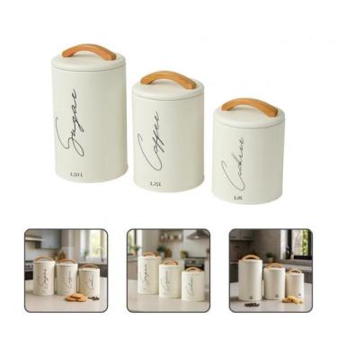 Imagem de Kit 3 Potes Herméticos Mantimentos Lata Com Tampa E Alça Em Bambu Açúc