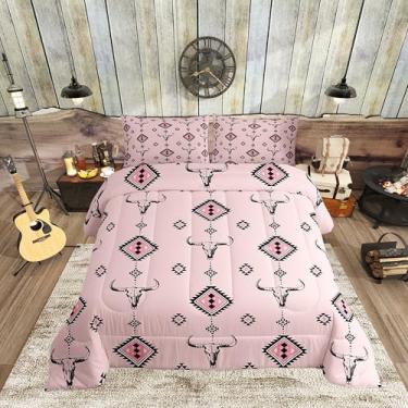 Imagem de Conjunto de cama casal, geométrico tribal, nativo de fazenda, étnico, para decoração de quarto de adolescentes, crianças, meninos, vaqueira, rosa, reversível, conjunto de colcha asteca tribal do