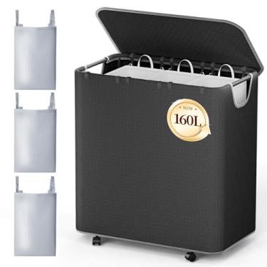 Imagem de LAMU Cesto de lavanderia de 160 l com rodas, cesto de roupa suja com tampa e 3 sacos de roupa removíveis, 3 cestos de roupas de grande capacidade para lavanderia, quarto, banheiro, dormitório-preto