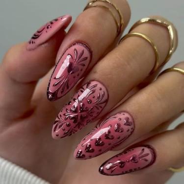 Imagem de Unhas de pressão de amêndoa média ombré nude rosa com cola falsa com design de coração fofo, cobertura completa, bastão falso artificial em unhas de acrílico para mulheres, 24 peças
