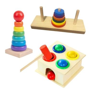 Imagem de Kit 3 Brinquedos Educativos de Madeira Montessori – Torre de Encaixe Pirâmide, Jogo de Martelar Bolinhas e Torre Circular – Aprendizado, Coordenação Motora Pedagógico Infantil