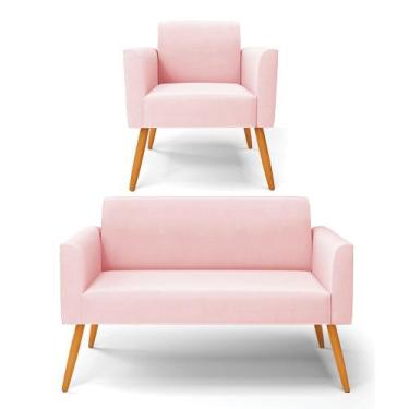 Imagem de Sofá Namoradeira com Poltrona Pés Palito Castanho Marisa Suede Rosa Be