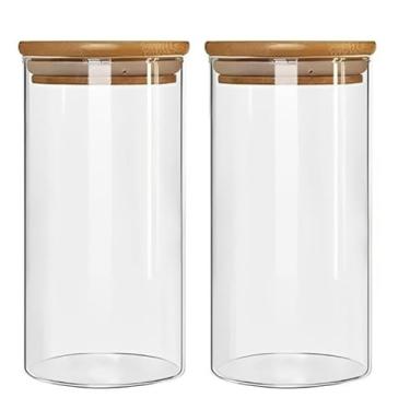 Imagem de Conjunto 3 Potes Herméticos Com 1000ml De Vidro Redondo Tampa De Bambu Mantimento Tempero Alimento (Kit 2 Unidades)