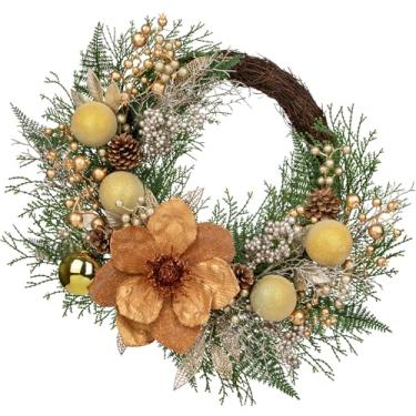 Imagem de Guirlanda de Natal de 61 cm para porta da frente – Guirlanda artificial de inverno com flor de magnônia de bronze, enfeites de bola de ouro, cachos de frutas vermelhas para decoração de Natal interna