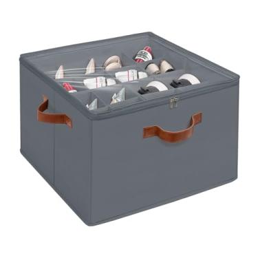 Imagem de Organizador de sapatos para armário, caixa de armazenamento de sapatos dobrável com tampa superior transparente, 3 alças de couro, divisórias ajustáveis, serve para 8 a 16 pares, caixa de sapatos