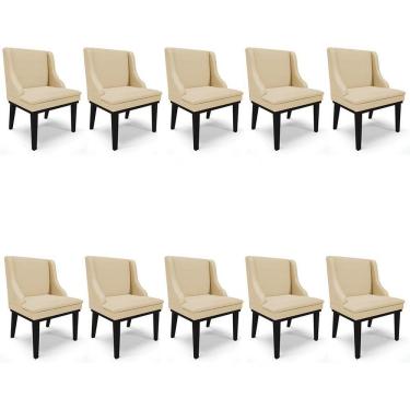 Imagem de Kit 10 Cadeiras Estofadas Para Sala De Jantar Base Fixa De Madeira Preto Lia Veludo Luxo Off White - Ibiza