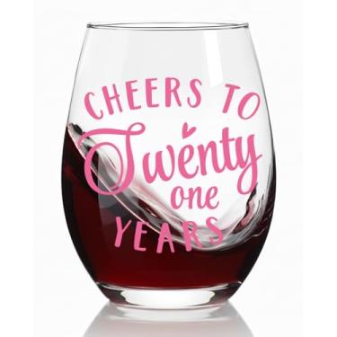 Imagem de Ymzkpoa Cheers To Twenty One Taça de vinho sem haste, presentes de aniversário de 21 anos para mulheres, filha, irmã, amigas, taça de vinho de 21 anos para ela, fabulosas decorações de aniversário de