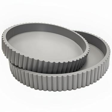 Imagem de Bandejas decorativas redondas de mesa moderna, 2 peças, decoração de casa, conjunto de centro de mesa de centro circular, 30,5 cm/25,4 cm - Bandeja de concreto cinza frio com borda canelada