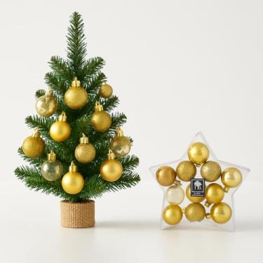 Imagem de Kit Enfeites Natalinos Peças para Árvore e Guirlanda Bolas Estrela Ponteira Sinos Presentes Tambores Cores Vermelho Dourado Prata (20, Bolas 3cm Dourado em Caixa Formato Estrela)