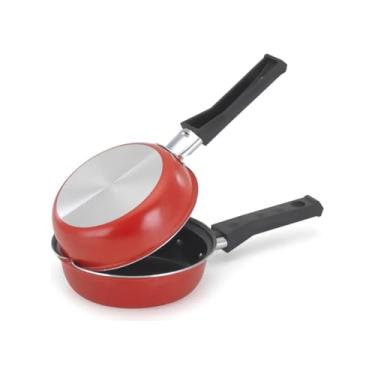 Imagem de Frigideira Dupla 14cm Hamburgueira e Omeleteira Antiaderente – Cor Vermelha, Para Ovos, Hambúrguer e Lanches Rápidos