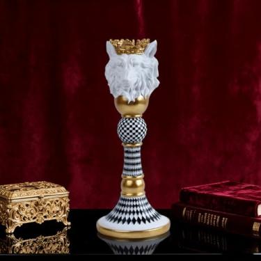 Imagem de Suporte de castiçal de animal coroado preto e branco com detalhes dourados estátua de resina eclética para decoração de casa moderna, centro de mesa