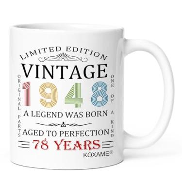 Imagem de KOXAME Presentes de aniversário 1948 para mulheres, caneca de café vintage 1948 325 ml, ideias de presente para mulheres de 78 anos, transformando 78 presentes para homem, pai, marido, esposa, avó