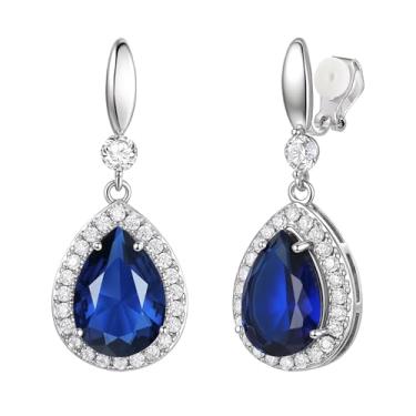 Imagem de FANZE Brincos de gota pendentes para mulheres, brincos de noiva de zircônia cúbica azul corte pêra para noivas, damas de honra