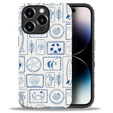 Imagem de Flivro Capa para iPhone 14 Pro, capa rígida de policarbonato e amortecedor interno de silicone, antiarranhões, à prova de impacto, design fino - carimbos conchas azuis verão