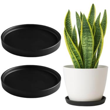 Imagem de Porta-copos de cerâmica para plantas – Conjunto de 2 peças, bandejas de drenagem redondas modernas com acabamento fosco preto para ambientes internos, design discreto 6,16 x 2 cm