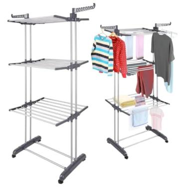 Imagem de Varal De Chão Roupas Vertical Dobrável 3 Andares Grande Portátil Articulado Com Rodinhas(Preto)