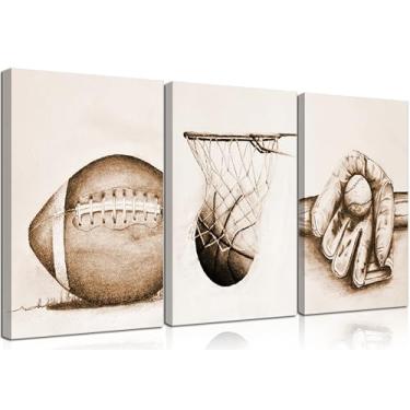Imagem de 3 peças de arte de parede esportiva futebol beisebol basquete pintura de parede decoração de parede vintage pôster esportivo impressão arte para quarto de menino sala de jogos quarto decoração de casa