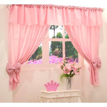 Imagem de Cortina Infantil com Bandô, Poliéster, 2,20x1,70m, para Varão Duplo, Decorativa com Laços de Poá (Rosa)