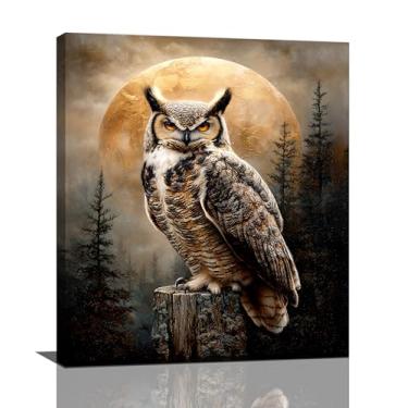 Imagem de Arte de parede de coruja de cabana lua e floresta decoração de parede imagens de animais rústicas impressões arte mística da vida selvagem decorações emolduradas para banheiro quarto sala de estar