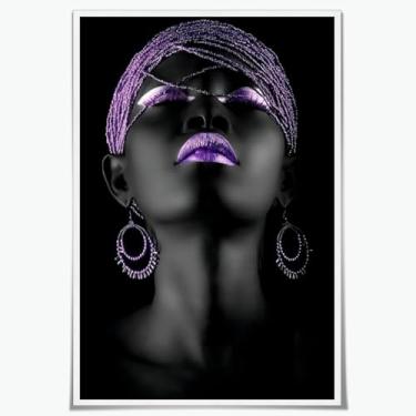 Imagem de Arte de parede de mulher negra roxa pôster retrato afro-americano minimalista decoração de quarto de menina pintura impressões em tela para sala de estar casa de banho dormitório decoração de parede