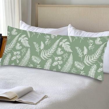 Imagem de Capa de almofada de corpo verde sálvia 50 x 132 cm folha botânica longa fronha branca verde com fecho de envelope, folhas de plantas, capas de almofadas de lombar decorativas para cama, sofá, cama