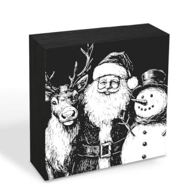 Imagem de Placa de Natal com Papai Noel com design de rena e boneco de neve, decoração de Natal texturizada, placa de madeira preta, placa quadrada quente, exibição de parede de madeira de Natal, presente