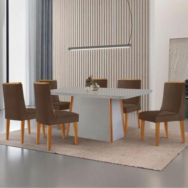 Imagem de Mesa De Jantar Diane 180cm Tampo Mdf Vidro 6 Cadeiras Lisboa Moderna Veludo Marrom Off White Serigrafia