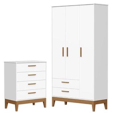 Imagem de Guarda Roupa Infantil Flip 3 Portas Com Cômoda Gaveteiro Infantil Flip Branco Acetinado - Reller