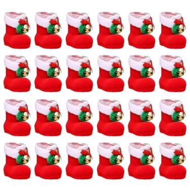 Imagem de Botas de Papai Noel com sinos, conjunto de 24 mini meias vermelhas de pelúcia, 6 x 4 x 6 cm, ornamentos para festas de fim de ano, árvore, casa, decoração de escritório