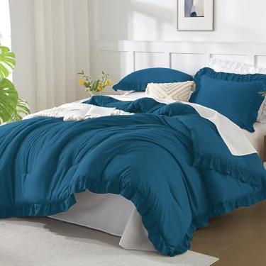 Imagem de Andency Conjunto de cama queen com babados azul-petróleo (224 x 232 cm), 3 peças (1 edredom com babados e 2 fronhas) de fazenda lisa, chique, vintage rústico de microfibra macia