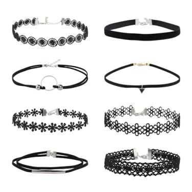 Imagem de Fampery Pacote com 8 colares pretos para mulheres e meninas – Conjunto de colar gótico clássico ajustável – Colar gargantilha de renda
