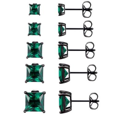 Imagem de MDFUN Conjunto de 5 pares de brincos masculinos banhados a ouro preto de 3 a 7 mm, redondos e quadrados, joias hipoalergênicas femininas, Aço inoxidável, Esmeralda sintética