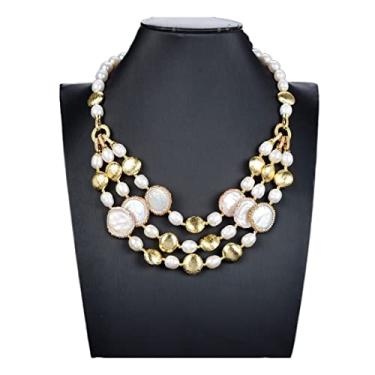 Imagem de URMIBDAI Colares femininos 3 fileiras cultivadas em água doce arroz branco pérola moeda branca colar de pérolas para mulheres joias femininas