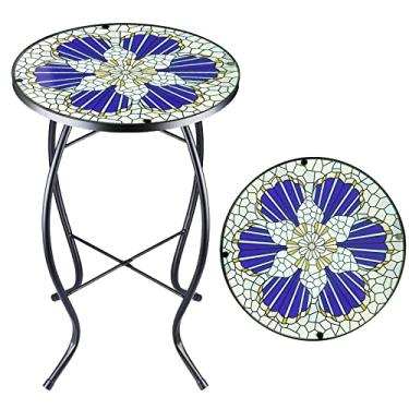 Imagem de Mesa lateral de pátio mesa de mosaico ao ar livre mesa de centro com destaque, mesa de canto pequena varanda azul mesa de glória da manhã interna, varanda de vidro redondo pequeno suportes de plantas para jardim, pátio, sala de estar, 35 cm