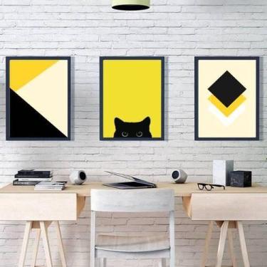 Imagem de Kit 3 Quadros Geométricos Gato Preto/Amarelo 33X24Cm Preta - Quadros O