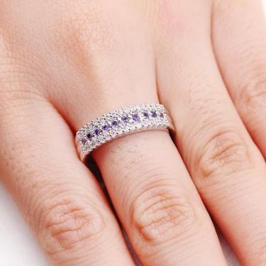 Imagem de Anel de meia eternidade empilhável com zircônia cúbica de fileiras, aliança de casamento minimalista para mulheres, design fino e elegante, perfeito para uso diário, anel de compromisso CZ prateado, 6