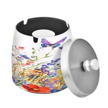 Imagem de Blueangle Cinzeiro retrô de flores silvestres com tampa para cigarros, à prova de vento/chuva, aço inoxidável, sem fumaça, inodoro, cinzeiro para uso interno ou externo (56)